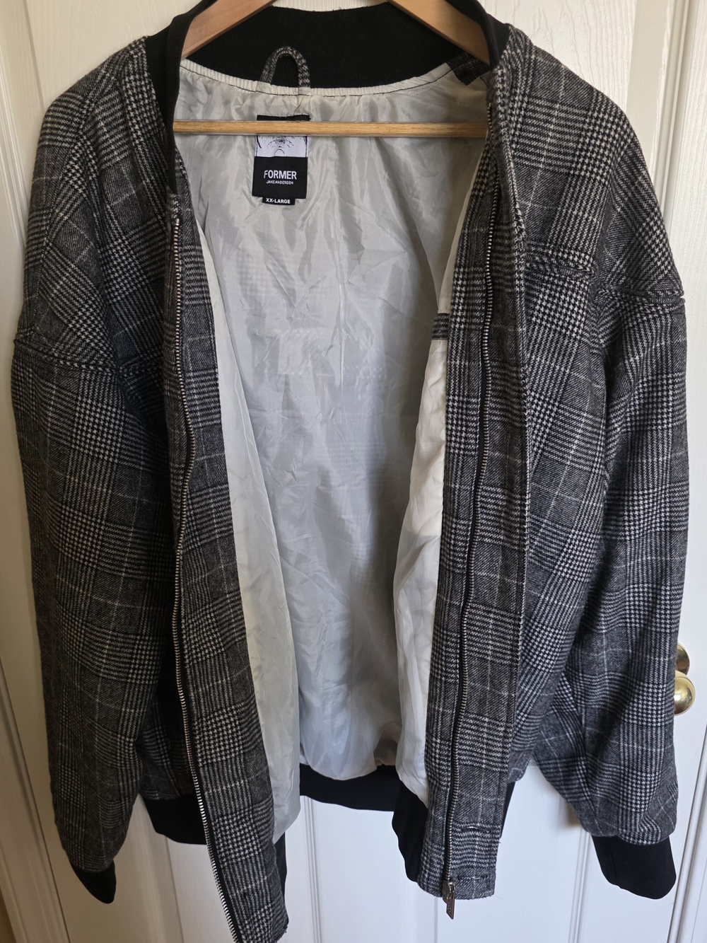 Men's Gray Glen Plaid Bomber Jacket with Black Trim